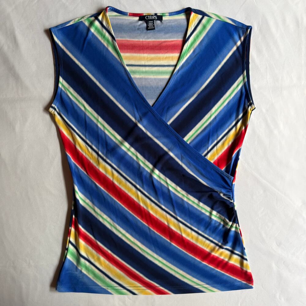 Chaps Blue Multicolor Striped Faux Wrap Sleeveless Top Sz Medium Preppy V Neck